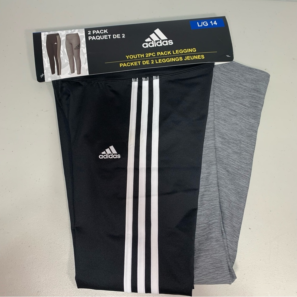 ADIDAS Youth 2piece Pack Leggings size L/G 14 Black/Grey NWT